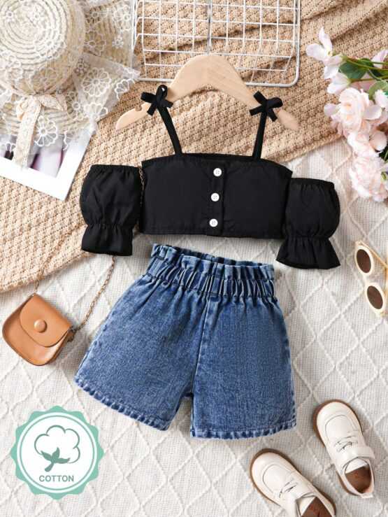 Baby Girls' Casual Off Shoulder Top and Denim Shorts Set