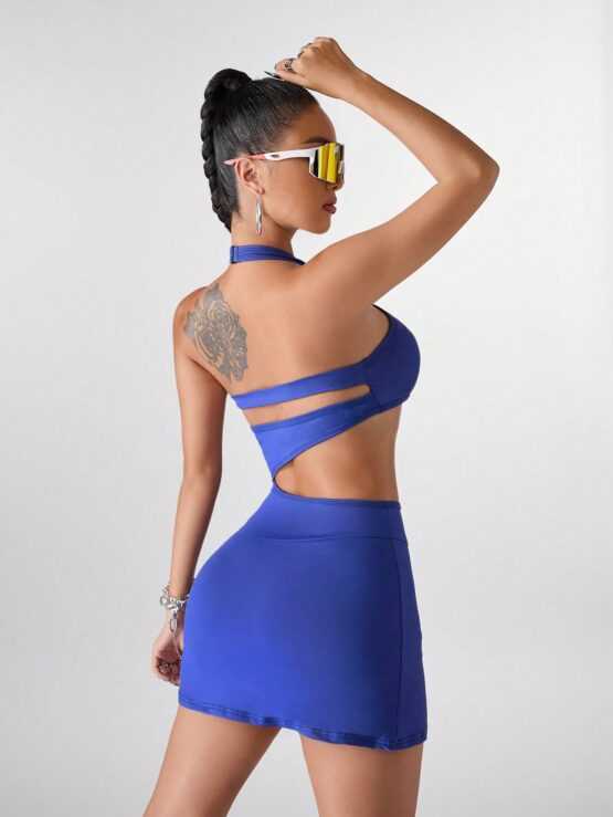 Women's Solid Color Asymmetric Sexy Sports Cut Waist Dress - Image 2