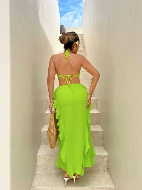 Sexy Style Sleeveles Halter Neck Dress With Backless And High Split Hemline And Ruffles - Image 2