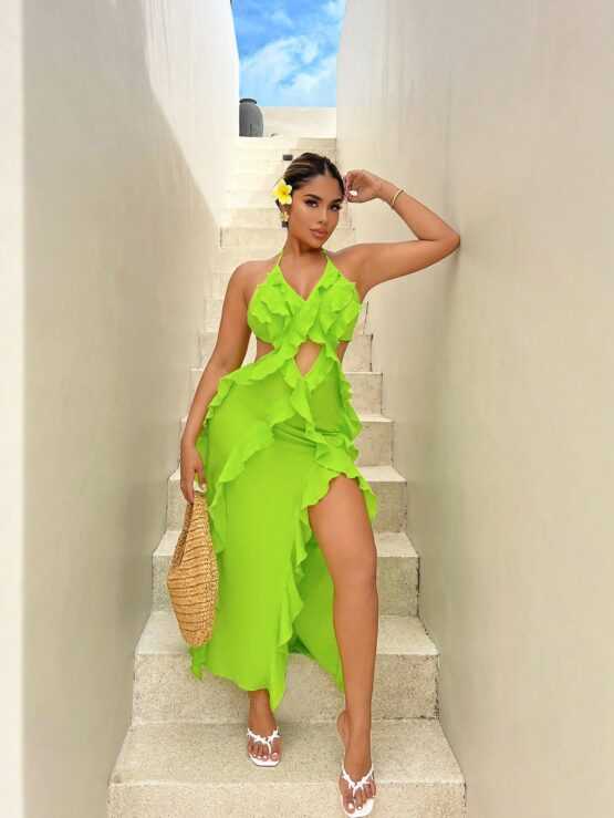 Sexy Style Sleeveles Halter Neck Dress With Backless And High Split Hemline And Ruffles - Image 3