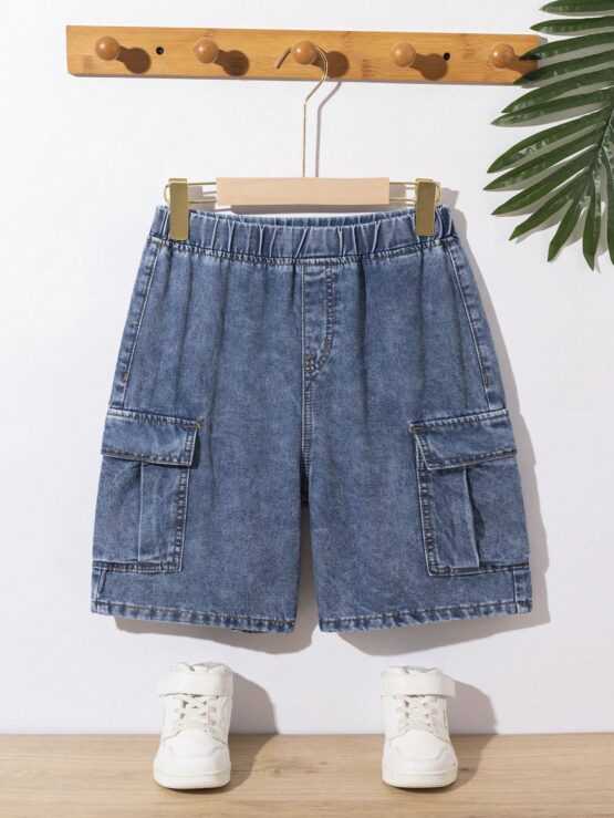 Tween Boys' Fashionable Casual Washed Denim Shorts With Tool Pockets