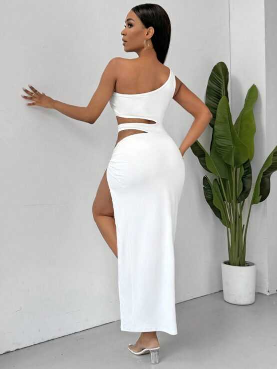 Solid Color Hollow Out Twist Knot High Split Thigh Dress - Image 2