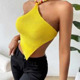 Women Sexy Halter Neck Pure Color Asymmetric Hem Backless Tank Top