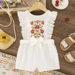 Newborn Baby Girl Cute Floral Embroidery Front Romper With Ruffle Hem Shorts