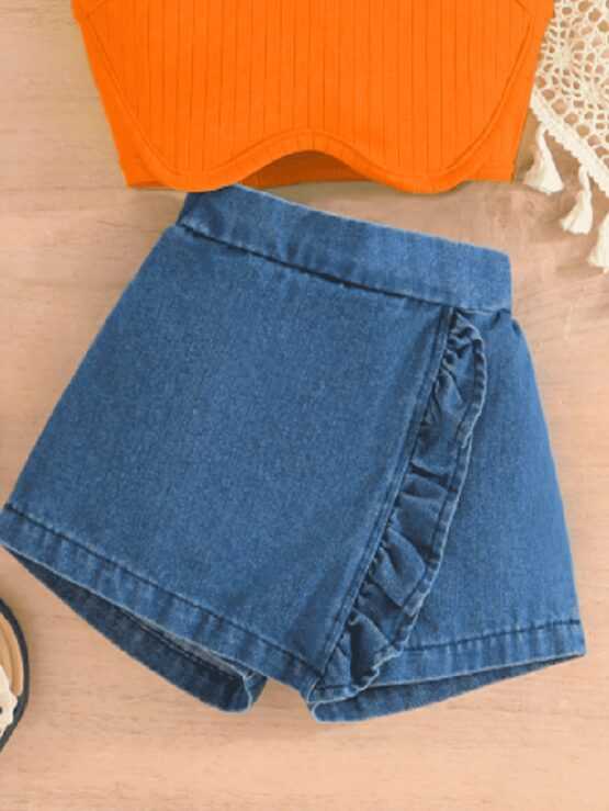 Summer Baby Girls' Cute Simple Sleeveless Top & Fashionable Denim Shorts Set - Image 2