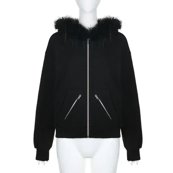 Women's Casual Fur Collar Zip Up Hoodies, Chic Streetwear, Aesthetic Pockets Cardigans, Vintage Fashion - Image 6