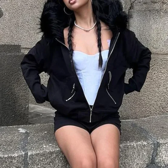Women's Casual Fur Collar Zip Up Hoodies, Chic Streetwear, Aesthetic Pockets Cardigans, Vintage Fashion - Image 9