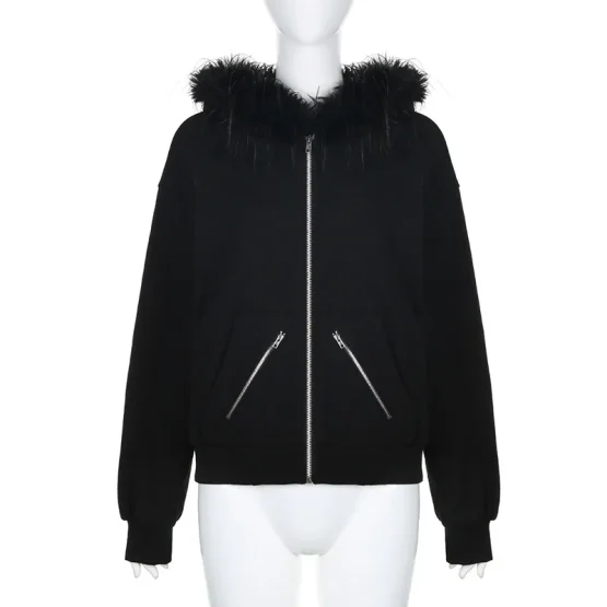 Women's Casual Fur Collar Zip Up Hoodies, Chic Streetwear, Aesthetic Pockets Cardigans, Vintage Fashion - Image 12