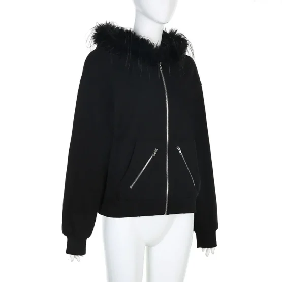 Women's Casual Fur Collar Zip Up Hoodies, Chic Streetwear, Aesthetic Pockets Cardigans, Vintage Fashion - Image 13